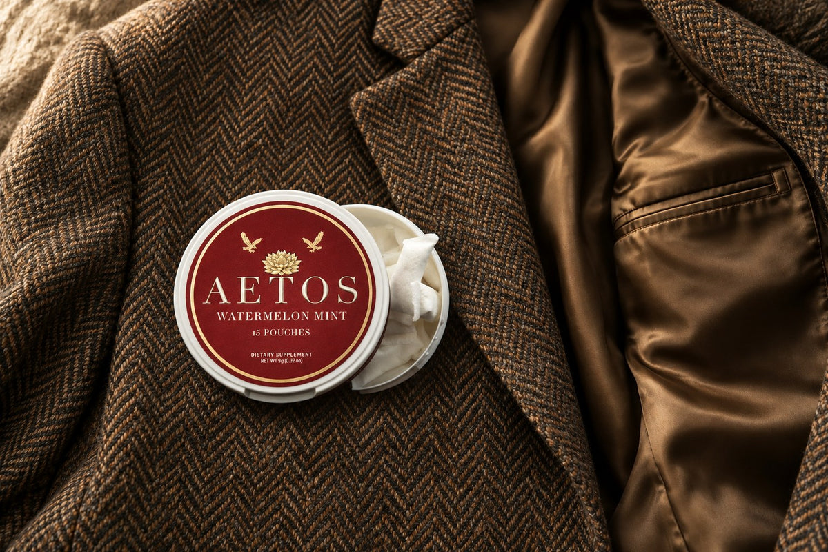 Open AETOS Watermelon Mint can on a herringbone tweed jacket