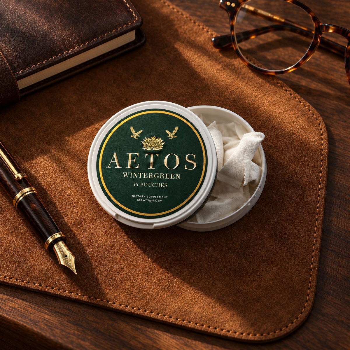 Open AETOS Wintergreen can with pouches on a suede desk pad beside a fountain pen