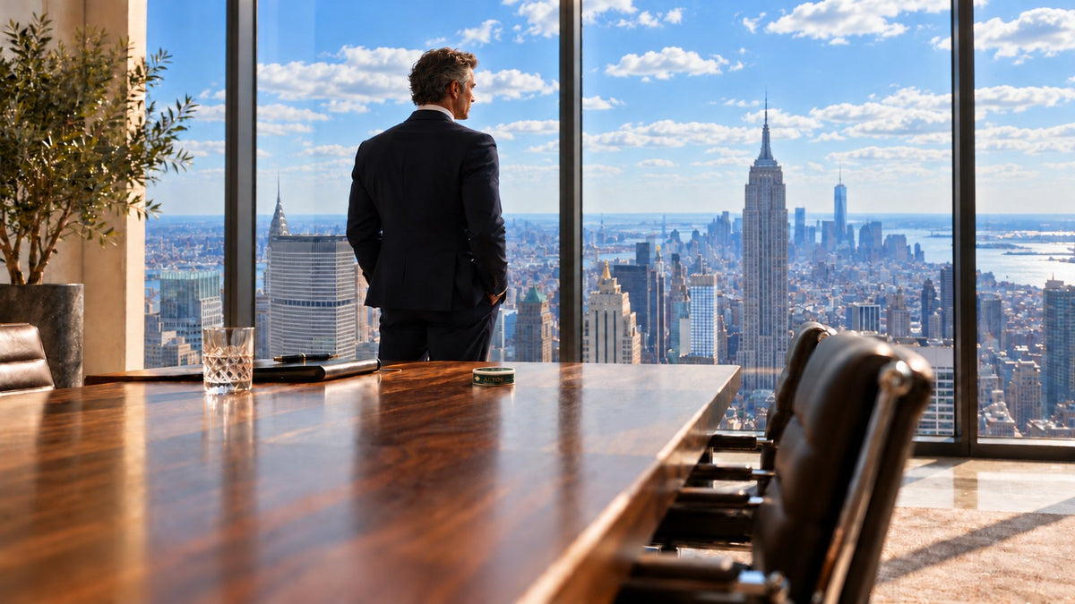 A man in a dark suit at a floor-to-ceiling window over the Manhattan skyline, an AETOS can nearby