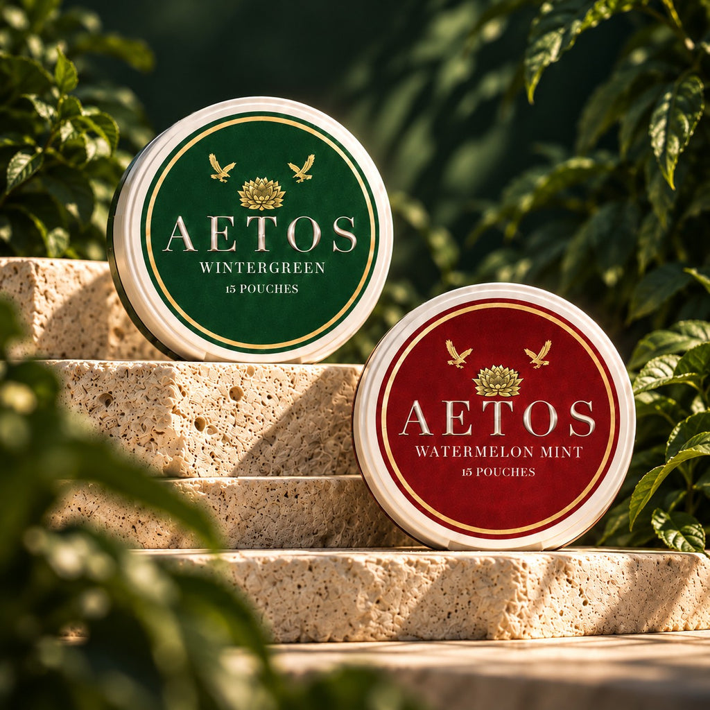 AETOS Wintergreen and Watermelon Mint cans on travertine steps among green leaves