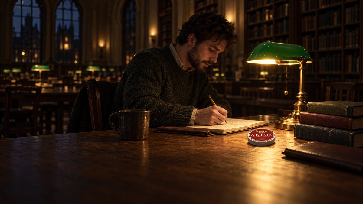 A doctoral candidate writing in a reading room