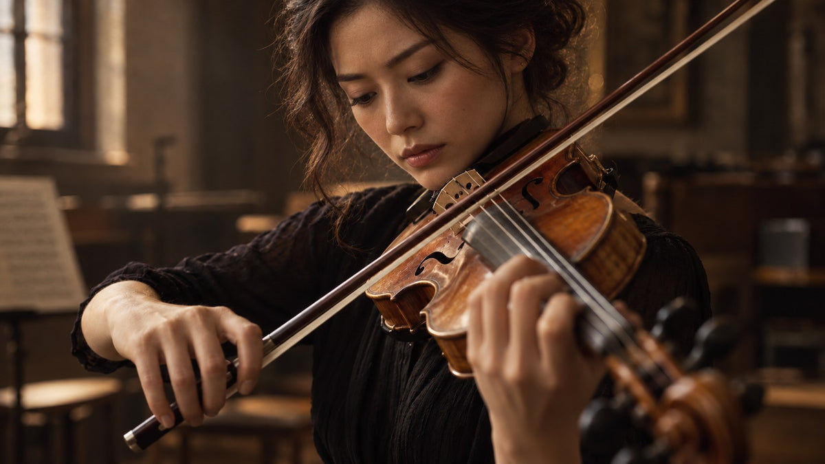 A violinist practicing in a warm, window-lit room