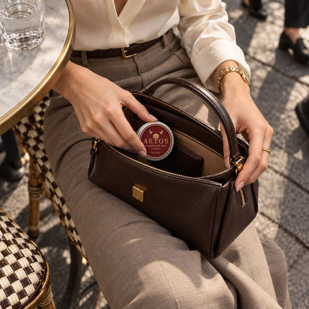 Woman at a café table slipping an AETOS Watermelon Mint can into her leather handbag