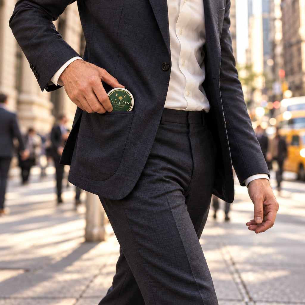 Man in a navy suit slipping an AETOS Wintergreen can into his jacket pocket on a city sidewalk